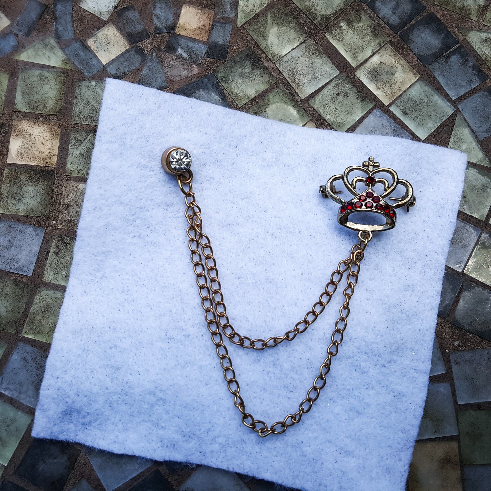 Red Rhinestone Crown Brooch w/ Double Swag Chain to Crystal Pin Royalty