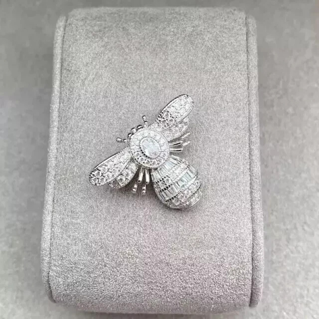 Cute Honey Bee Brooch Pin 2.47 Ct Oval Simulated Diamond 14k White Gold Plated