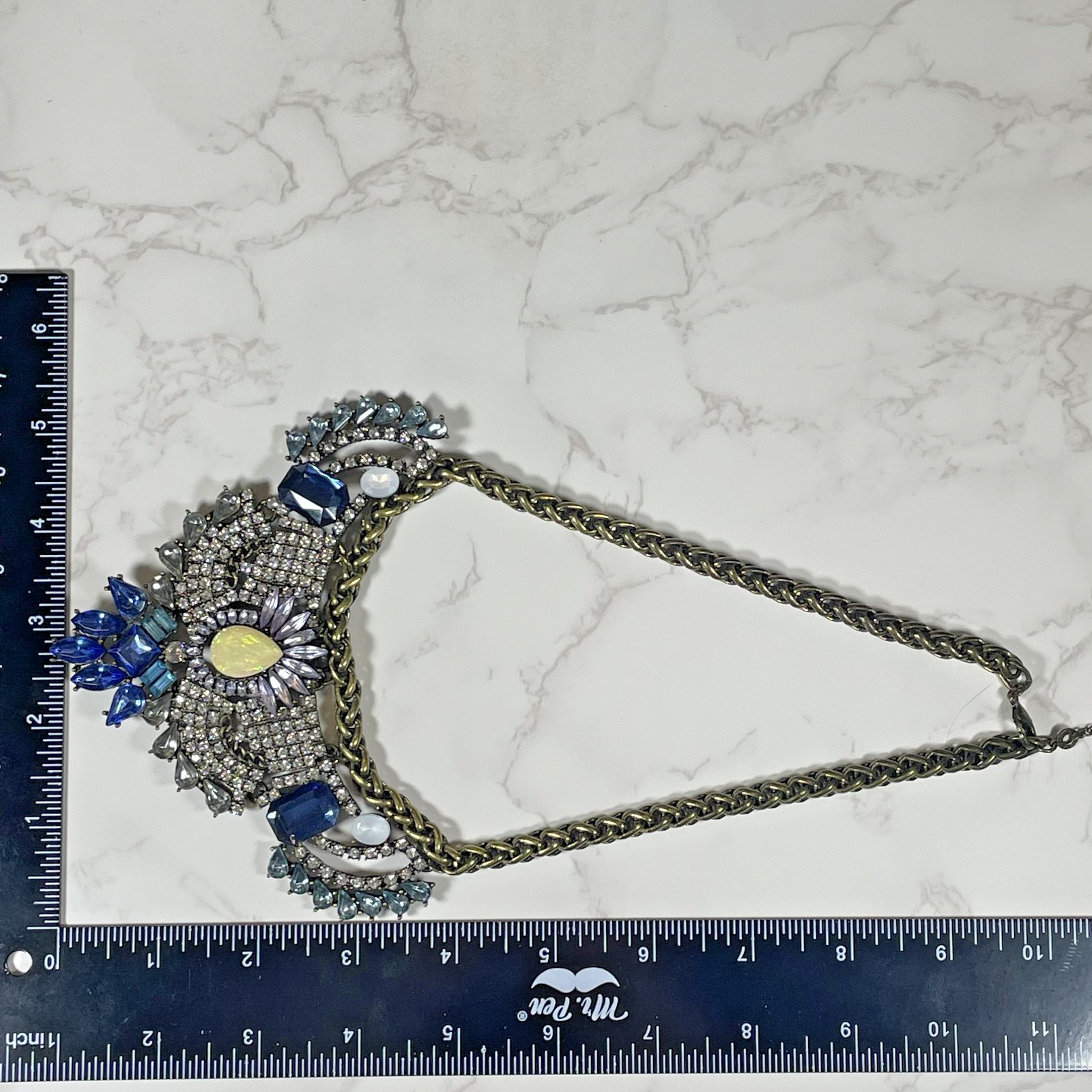 BaubleBar Statement Necklace Blue Crystal Rhinestone Bib Antique Bronze Choker