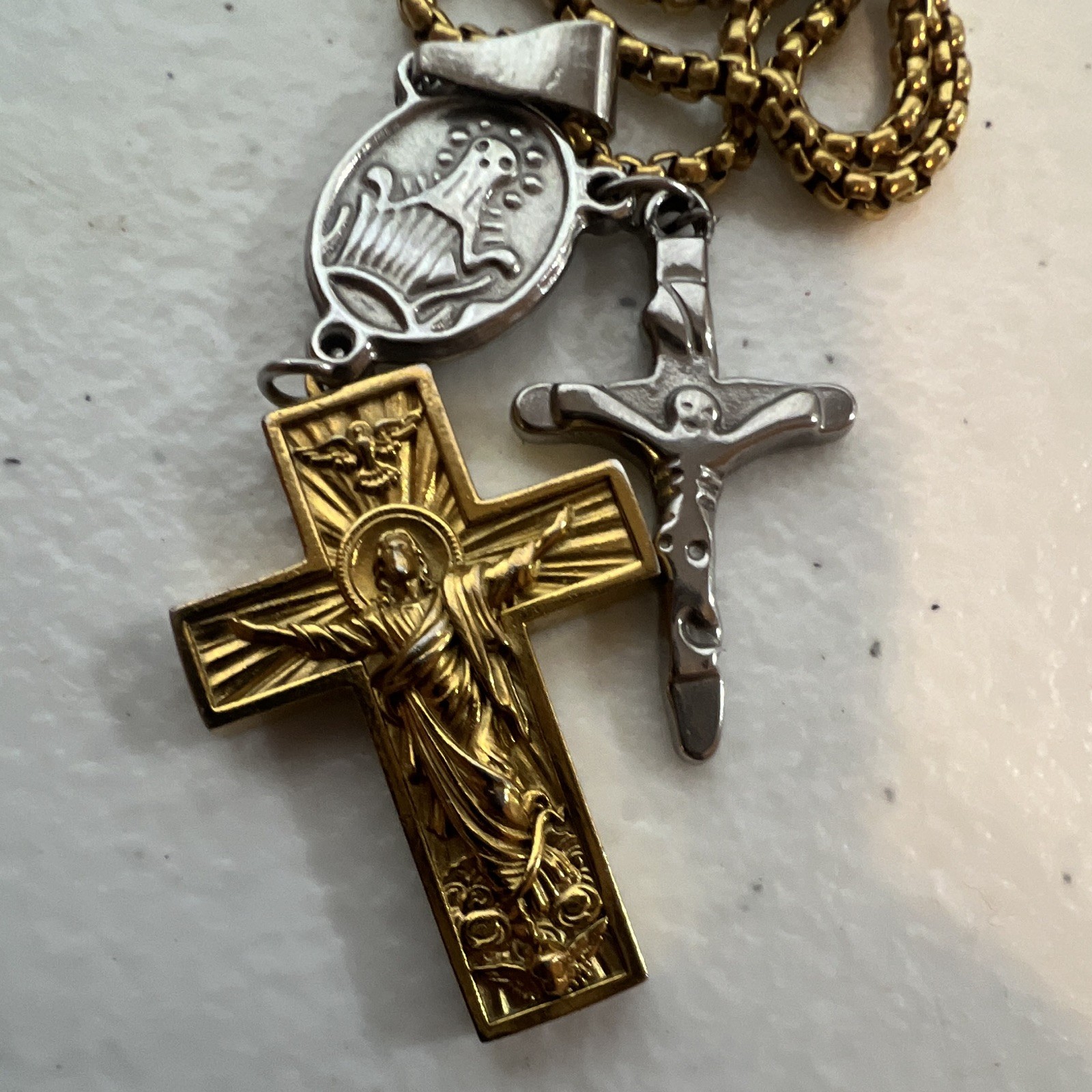 Gold & Silver Tone Rope Chain Necklace Cross/Crucifix Medallion, Lobster