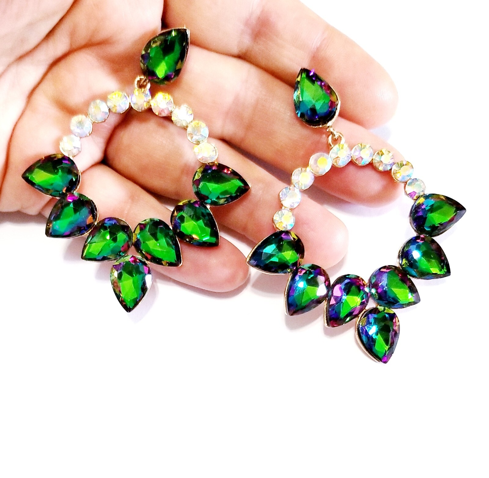 Color-shift Drop Dangle Chandelier Rhinestone Crystal Pageant Prom Earrings 2.9″
