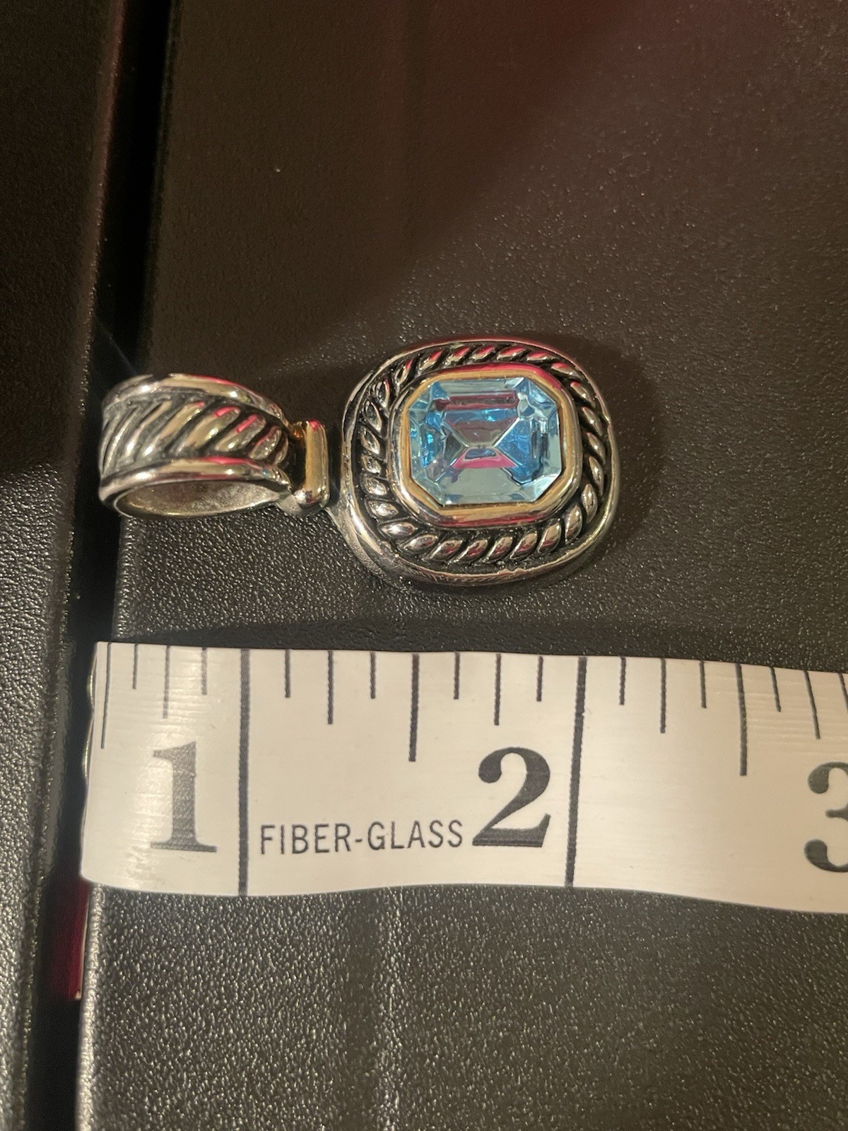 Silver Tone Oval Charm Pendant w/ Blue Octagon Crystal, Bezel Set
