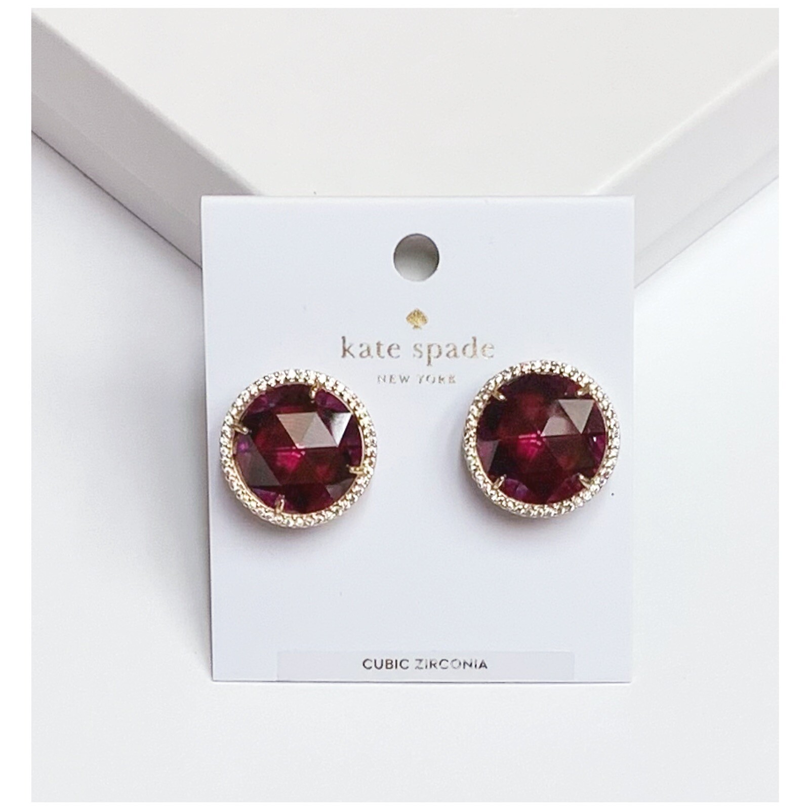NWT Kate Spade SHE HAS SPARK 12-K Gold Plated Fuchsia CZ Stone Stud Earrings