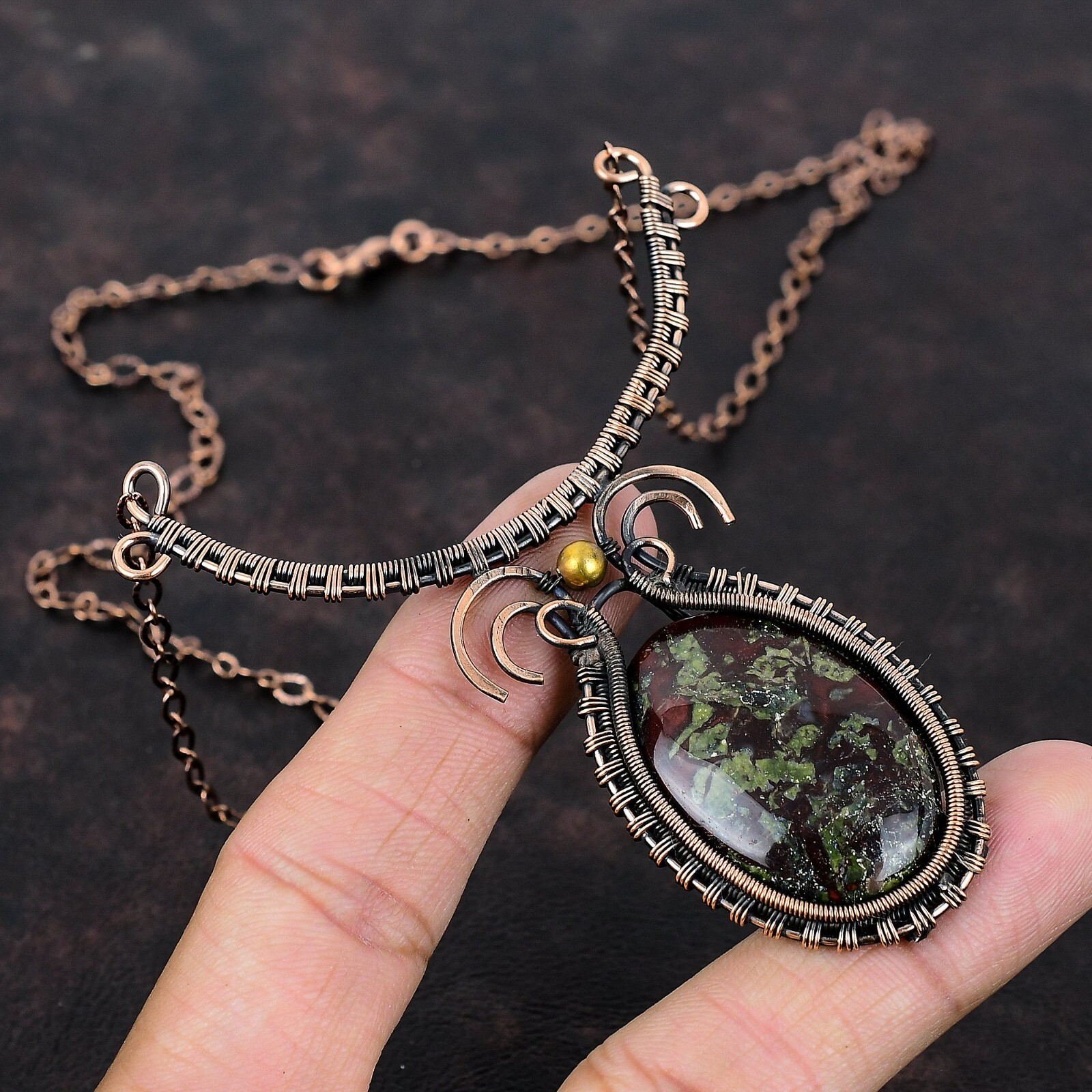 Dragon Bloodstone Jewelry Copper Mom Gift Wire Wrapped Adjustable Necklace 18.0″