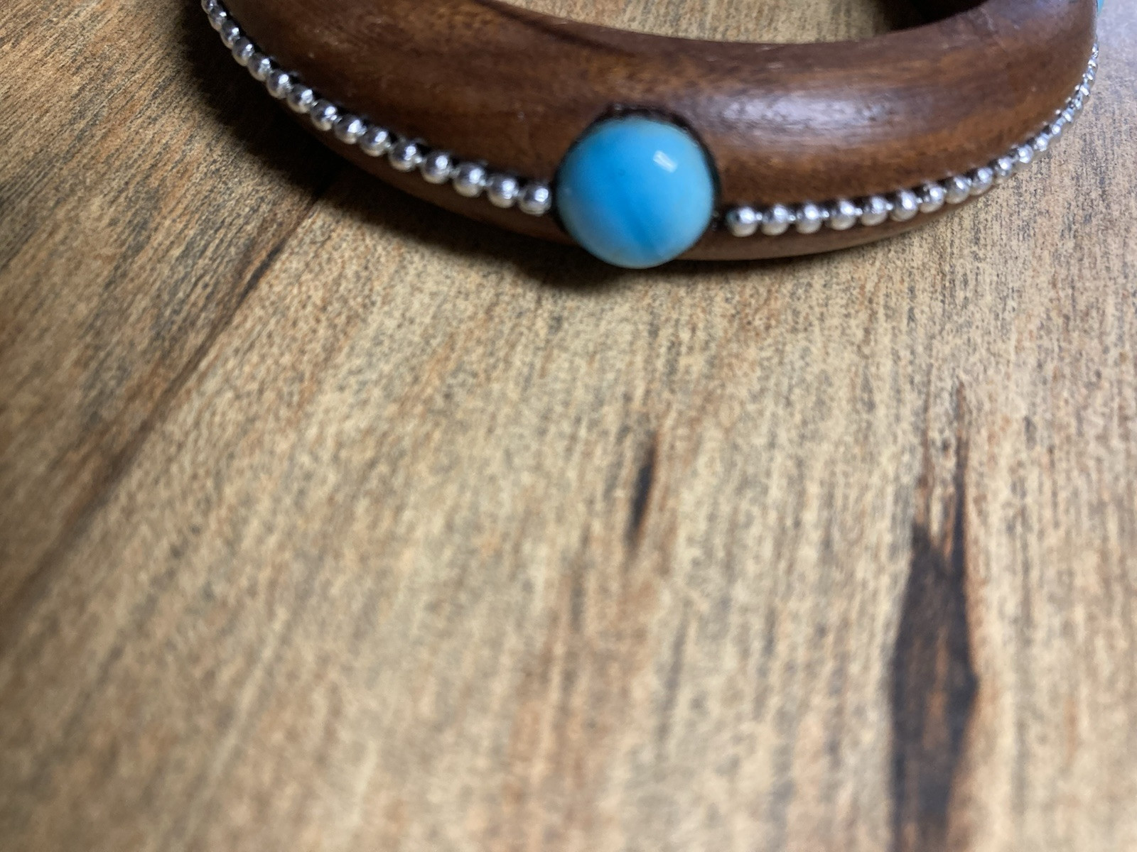Wood Bangle Bracelet with Silver Color Beads All Around and 4 Turq Color Stones