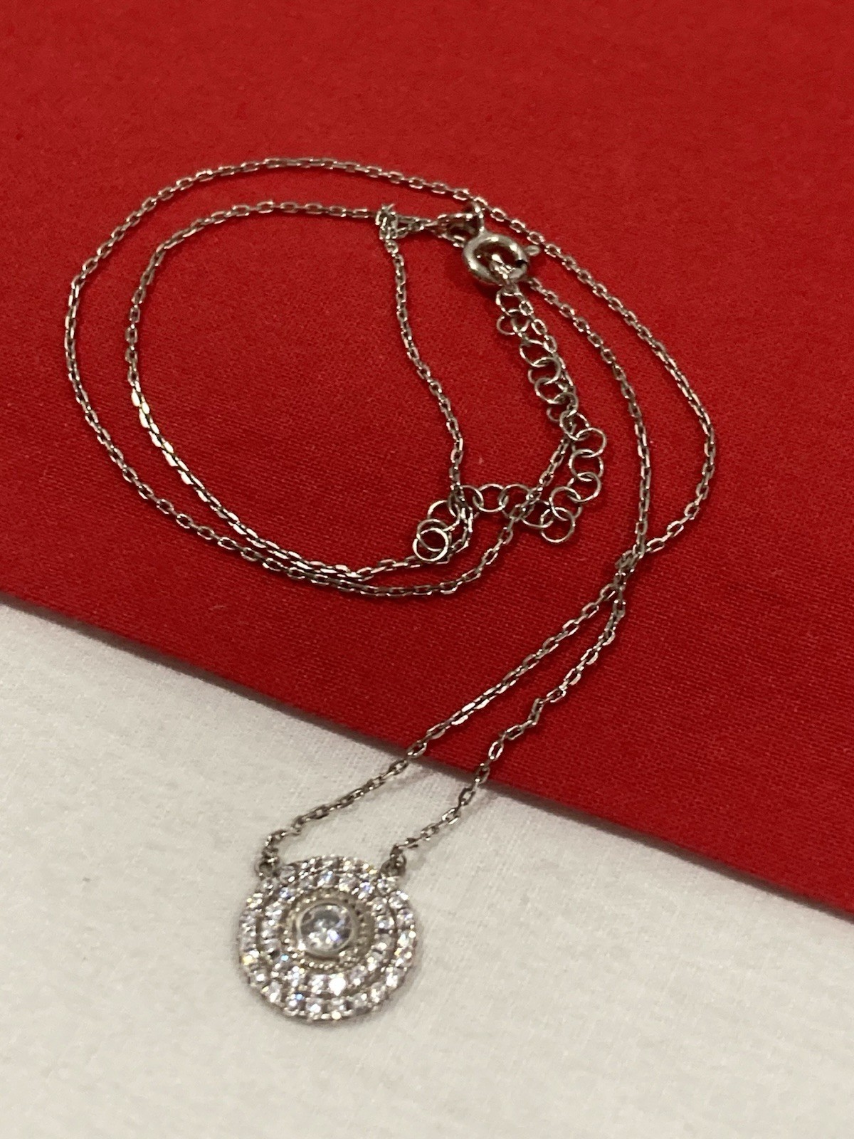 Vintage KC China 925 Sterling Silver CZ Round Pendant & Chain Necklace 16-17.5”