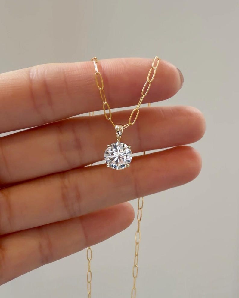 Round Brilliant Cut Moissanite Prong Set 14K Gold Solitaire Pendant