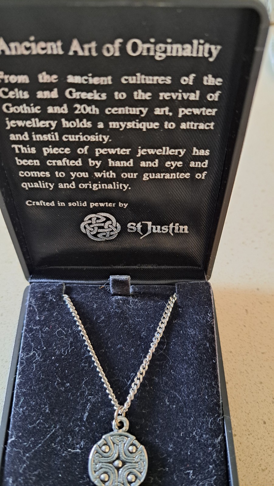BNWT St Justin Brynachs Celtic Cross And Chain Pewter Boxed Signed Made In UK