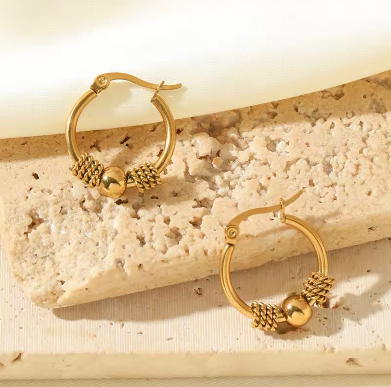 Elegant Gold Hoop Earrings with Twisted Rope and Bead Detail