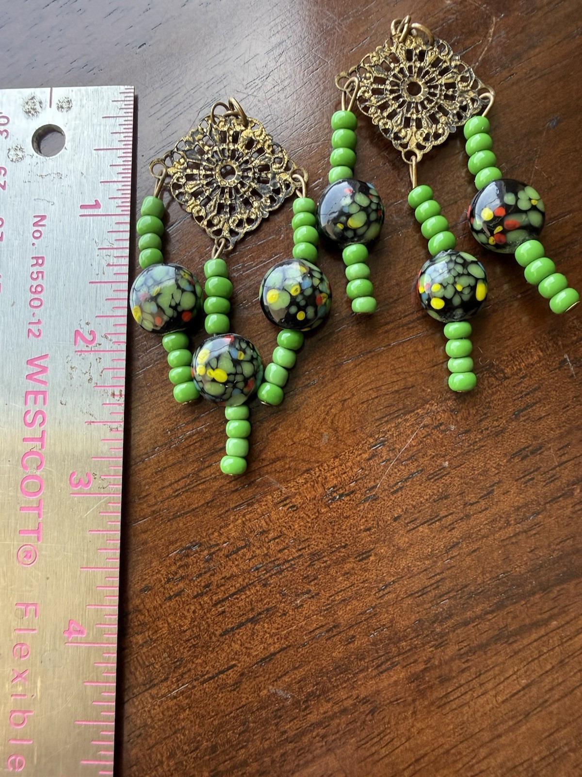 1970 Vintage Drop Earring Handcrafted with Murano Glass Confetti Style Art Beads