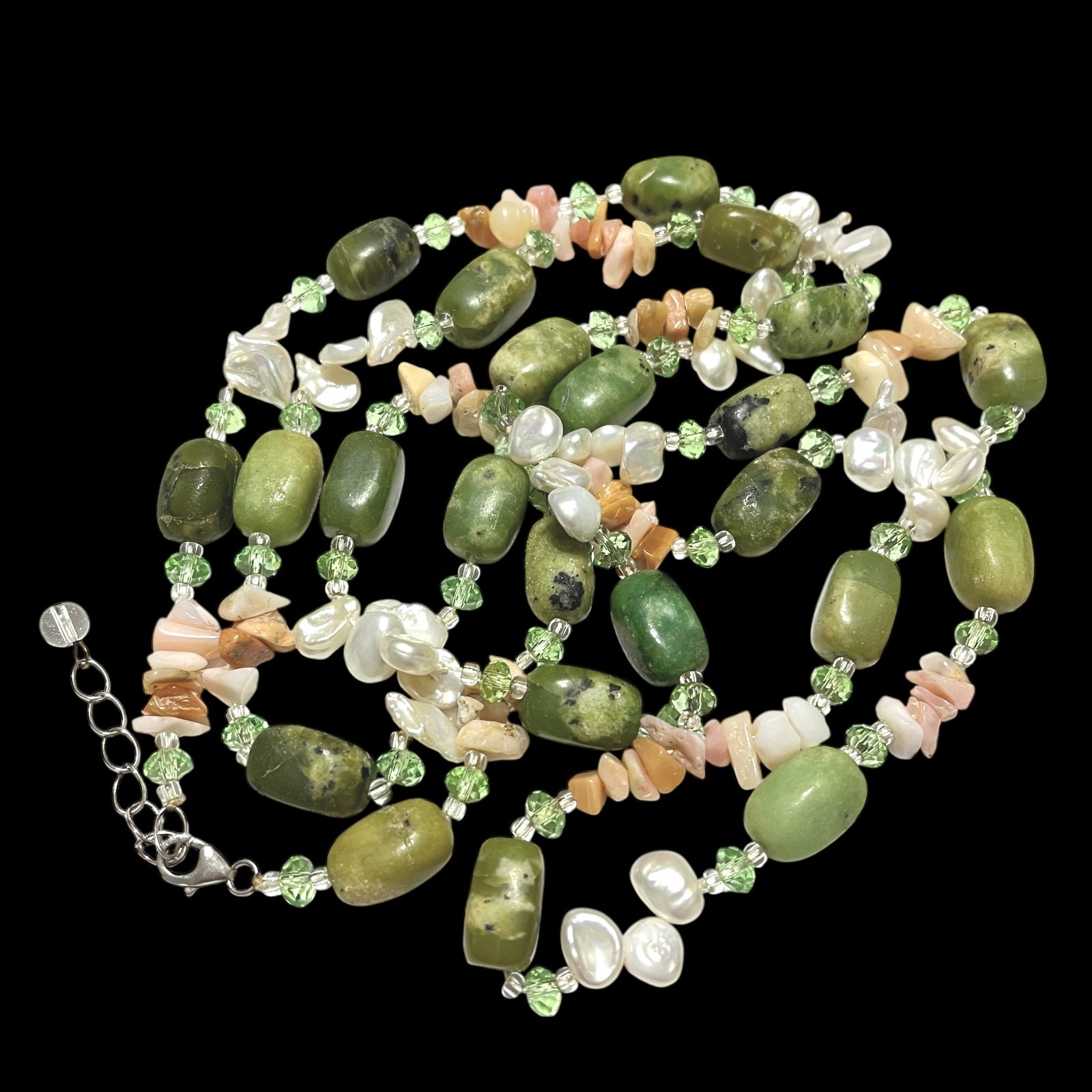 Artisan Green Natural Stone Necklace Long Chunky Bead Crystal Pearl Boho 48″