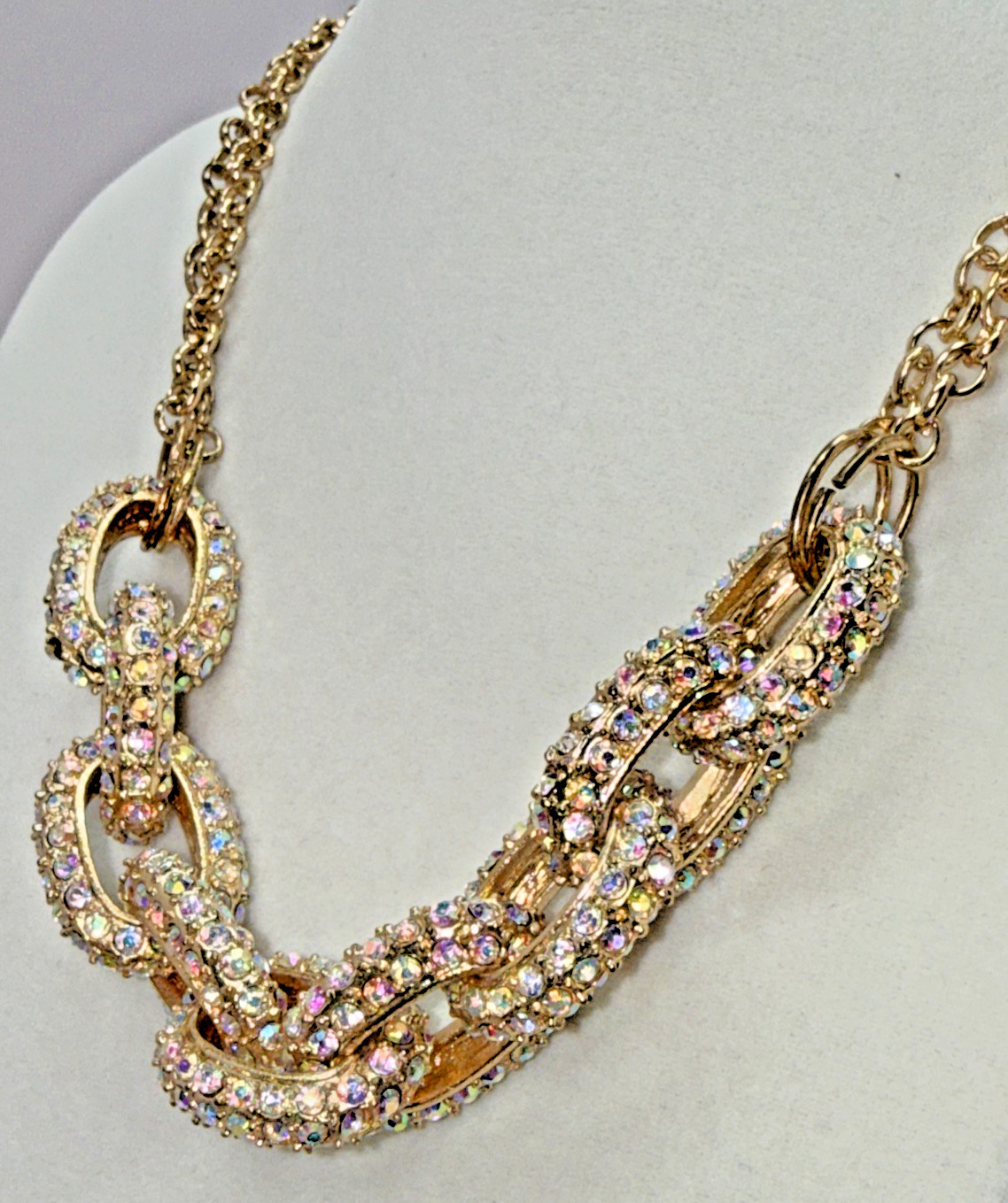 Vintage Gold Tone Chunky AB Rhinestone Cuban Link Statement Necklace Collar Blin