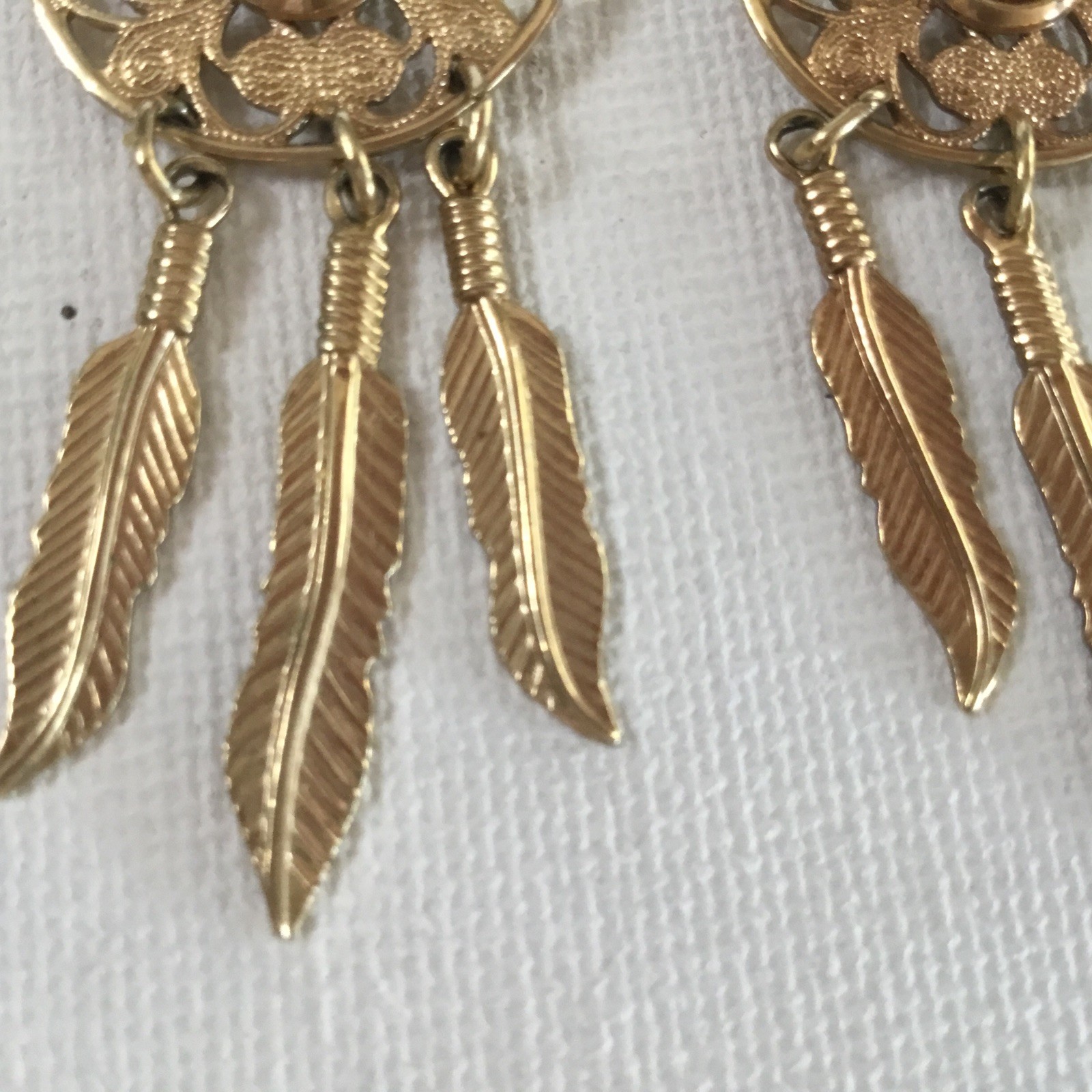 Southwest Goldstone Copper Dangle Earrings Gold Tone Feathers