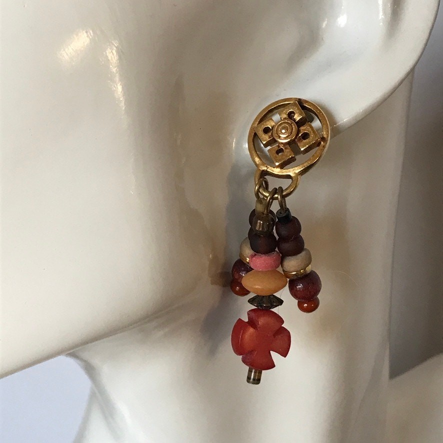 Semiprecious accent pink red brown gold tone dangle earrings, post backs