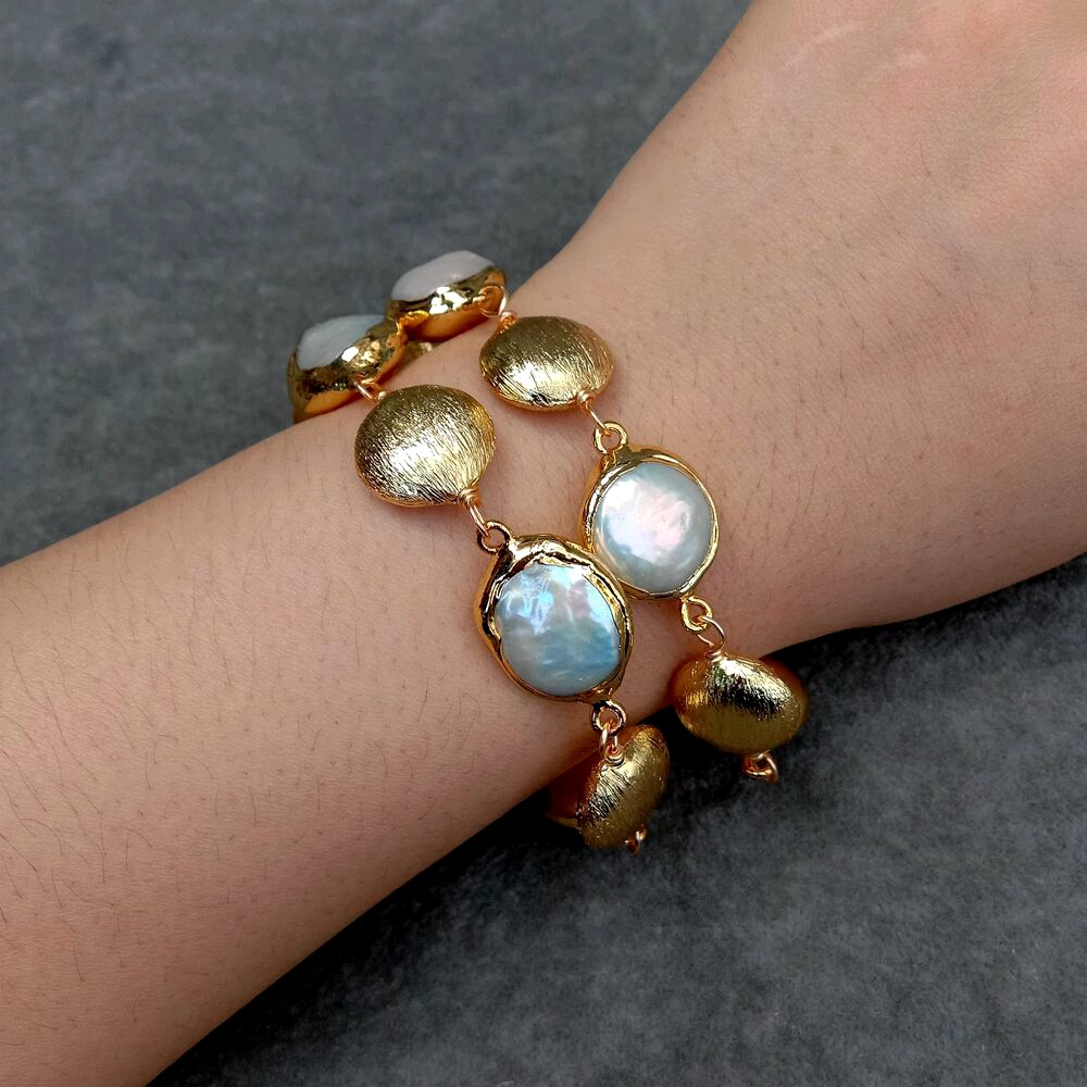 2 Rows Freshwater Cultured White Coin Pearl Brushed Bead Bracelet Women Jewelry