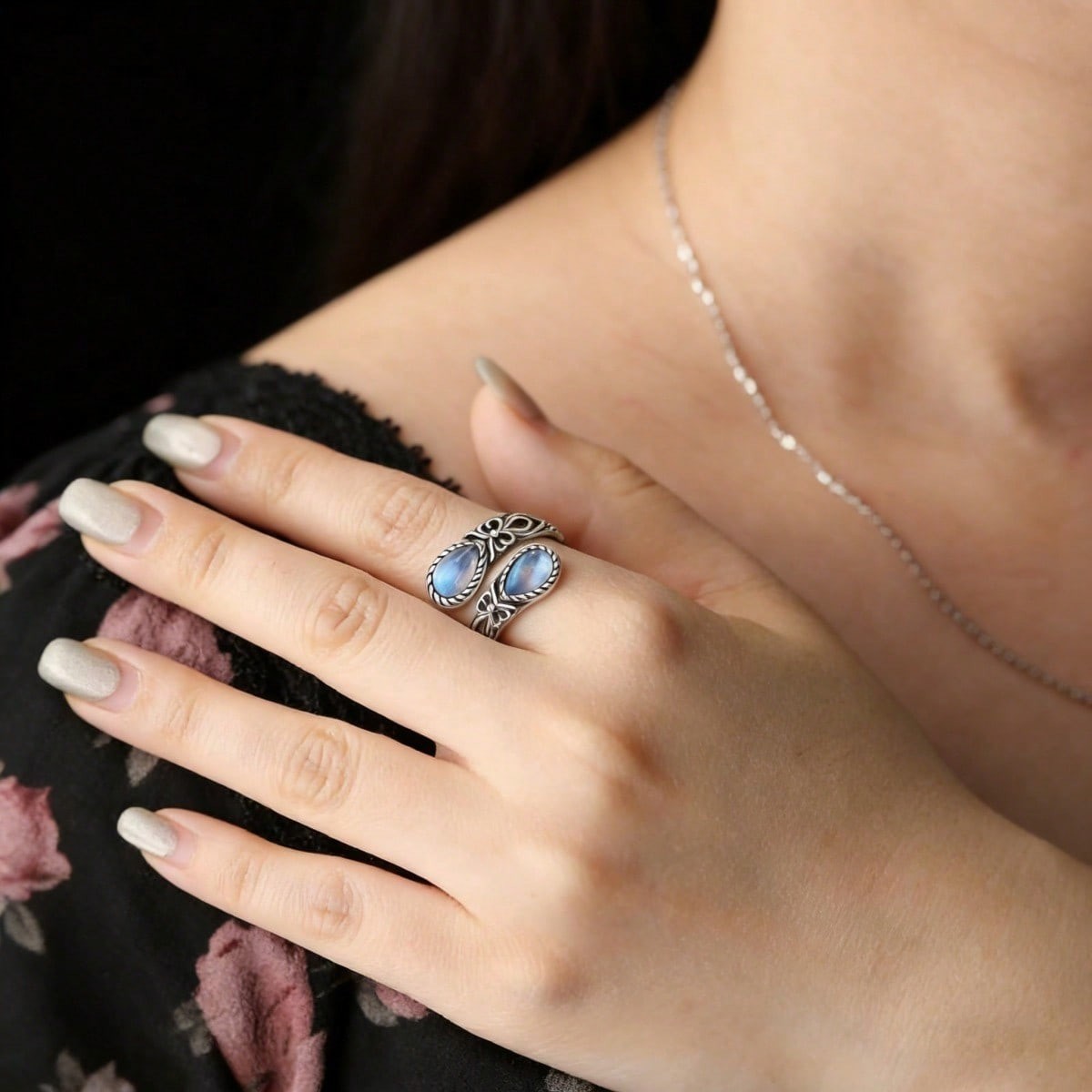 Adjustable Open Spoon Ring Criss Cross Moonstone Gemstone Band