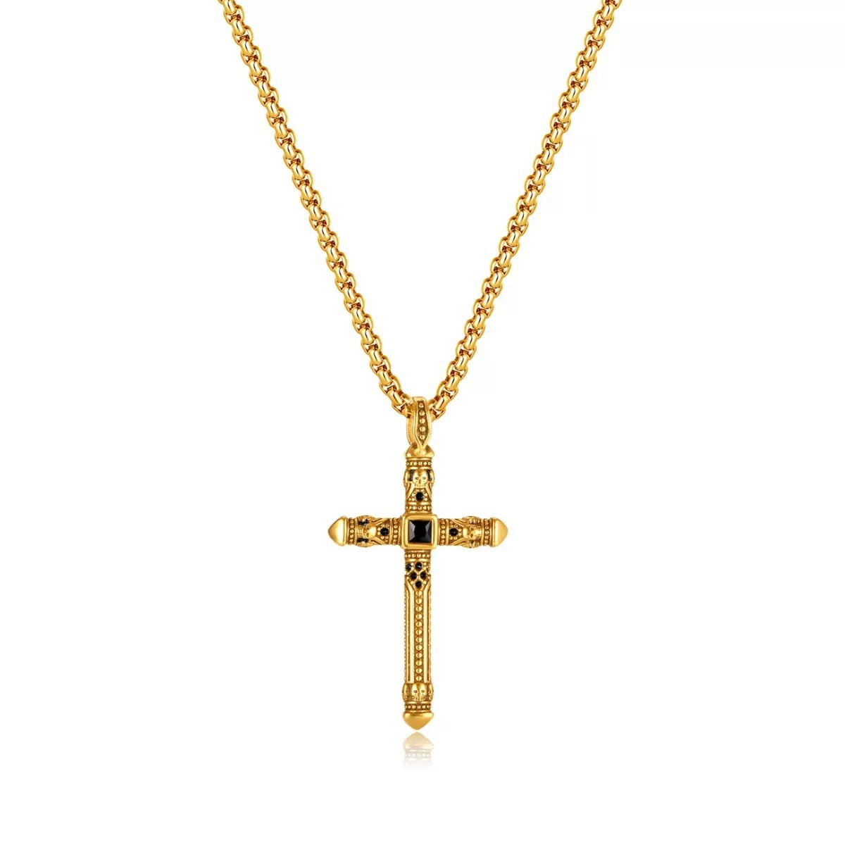 23″ Retro Vintage Cross Pendant Necklace Stainless Steel with Black Onyx Zircon