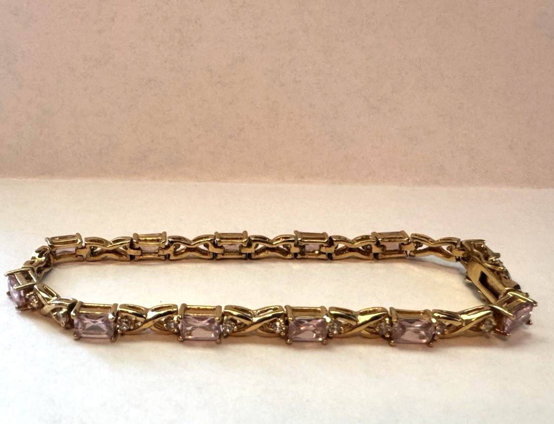 Alexandrite Simulated Diamond Gold tone X Link Tennis Bracelet box clasp 8 inch