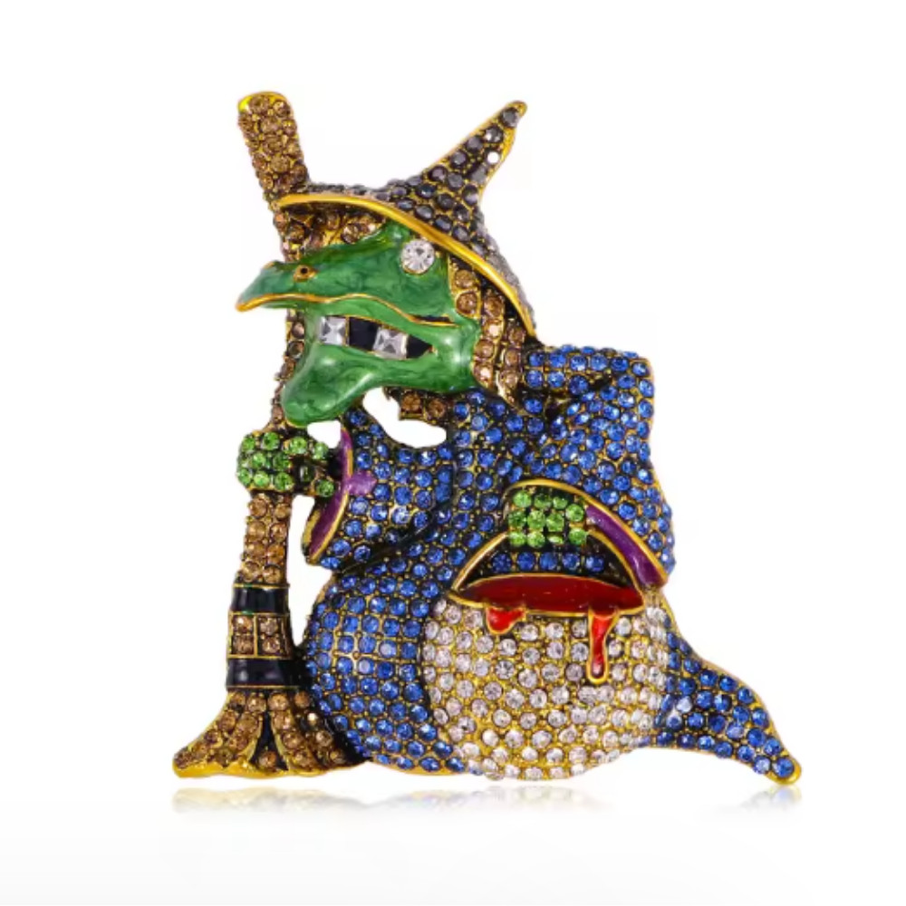 Large Vintage Halloween Witch Brooch Pin–Rhinestone Pumpkin Costume Jewelry Gift