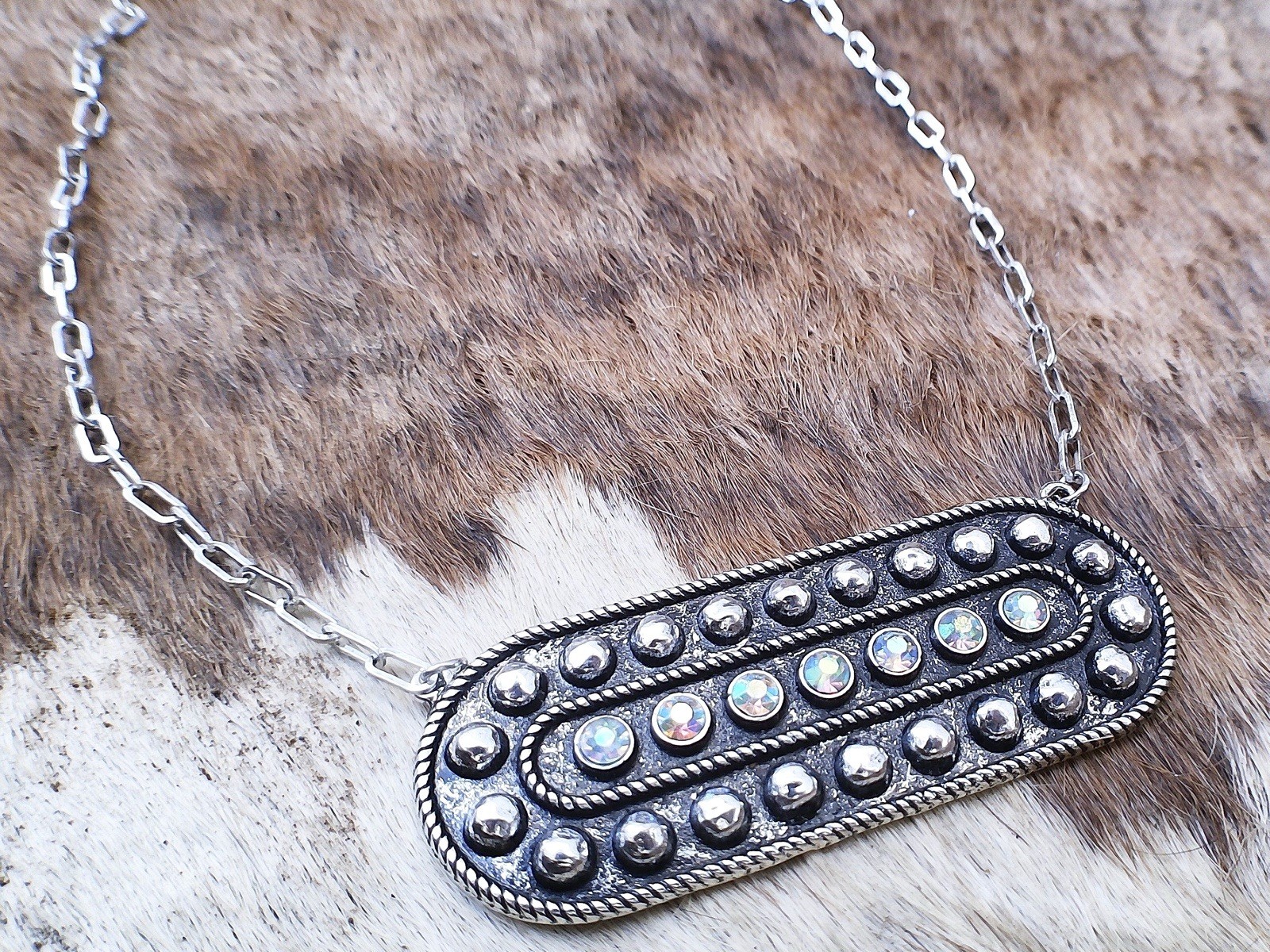 Western Bar Pendant Necklace AB Crystal Silver Cowgirl Statement Boho Boutique