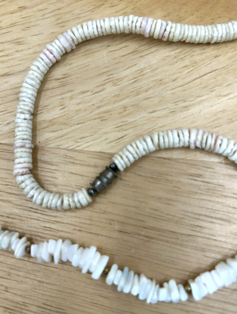 Three Vintage 2 Pale Pink, 1 White Puka/Hawaiian necklaces, 2-16 in, 1-18 in