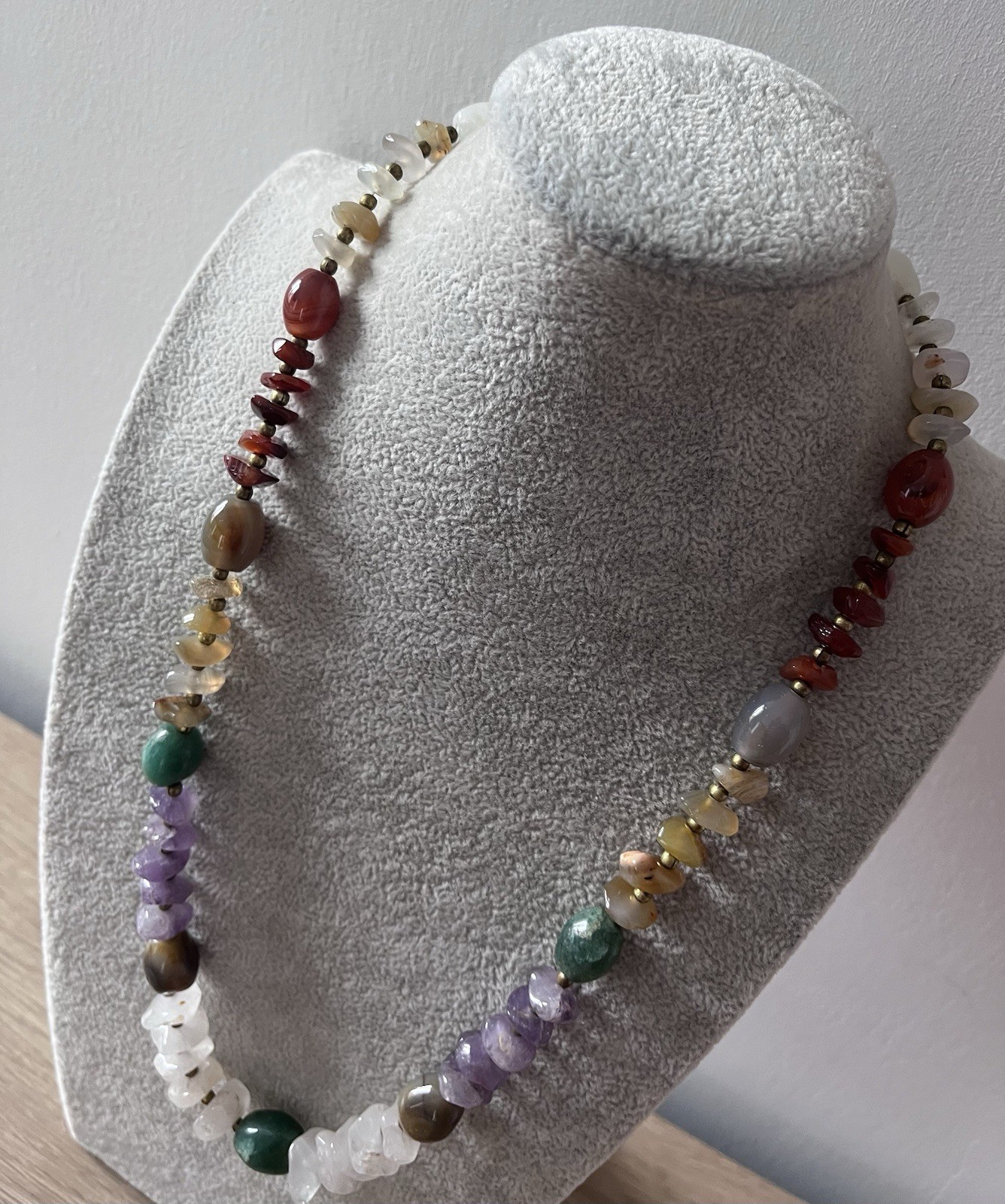 Natural Semi-Precious Gemstone Chip And Tumbled Stone Necklace, See Description