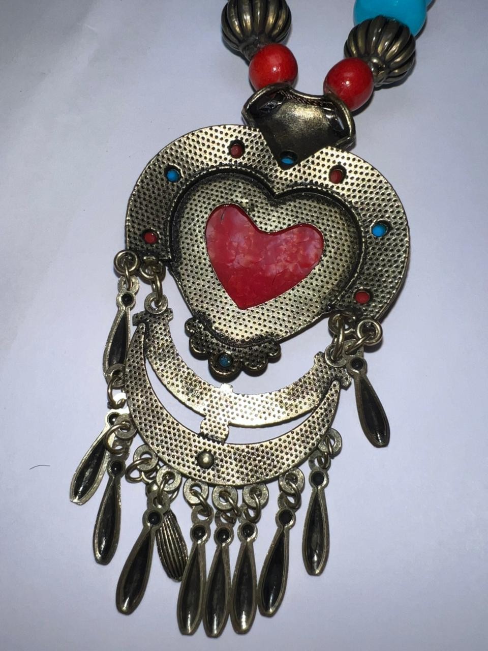 Vintage Tibetan Style Boho Statement Necklace Red Heart Pendant Ethnic Jewelry