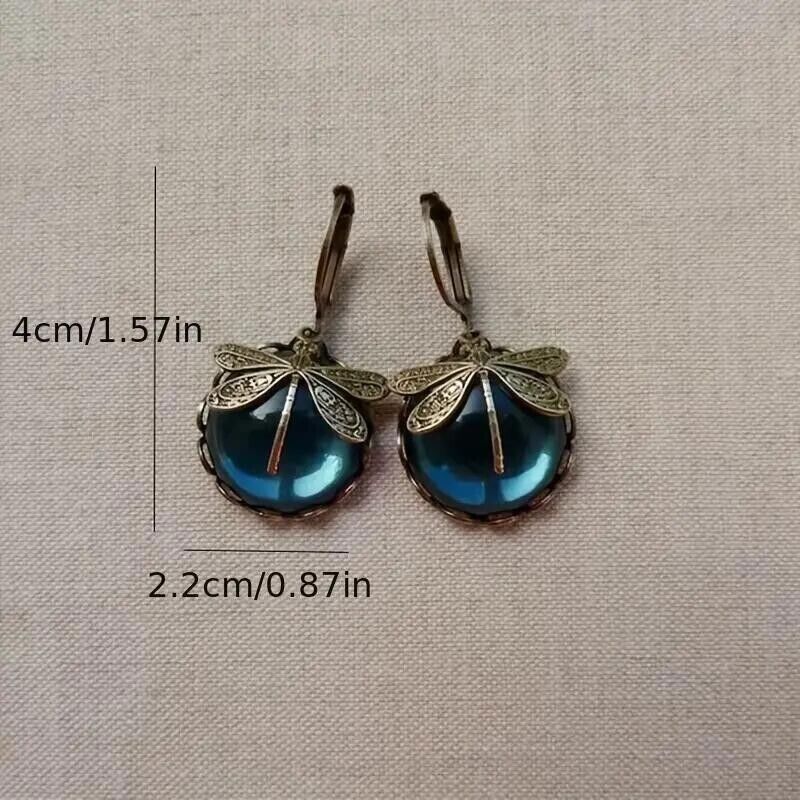 Earrings Women Vintage Boho Dragonfly Teal Blue Crystal Dangle Jewelry Party New