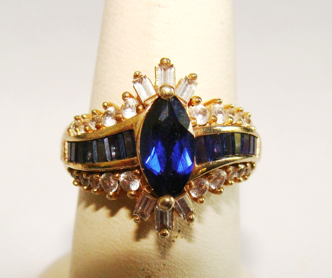 Designer Sterling Silver Vermeil 6.2g Marquise Lab Created Sapphires & CZ Ring 7