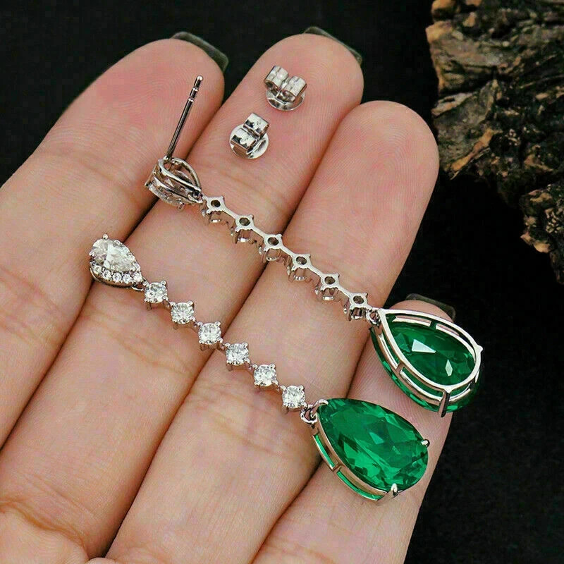 1.79 Ct Pear Cut Emerald Earrings Wedding Earrings 14k Solid White Gold