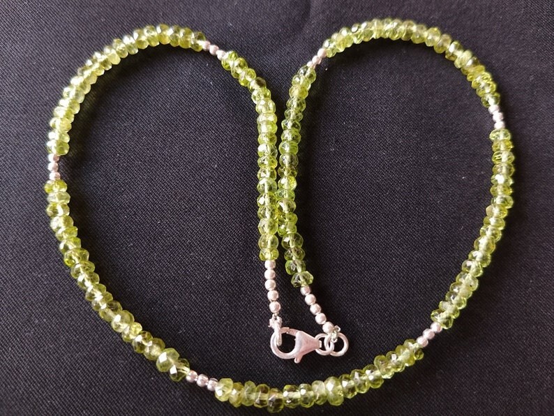 A++ Natural Peridot Faceted Rondelle Gemstone Silver Filled Beads Necklaces 24”