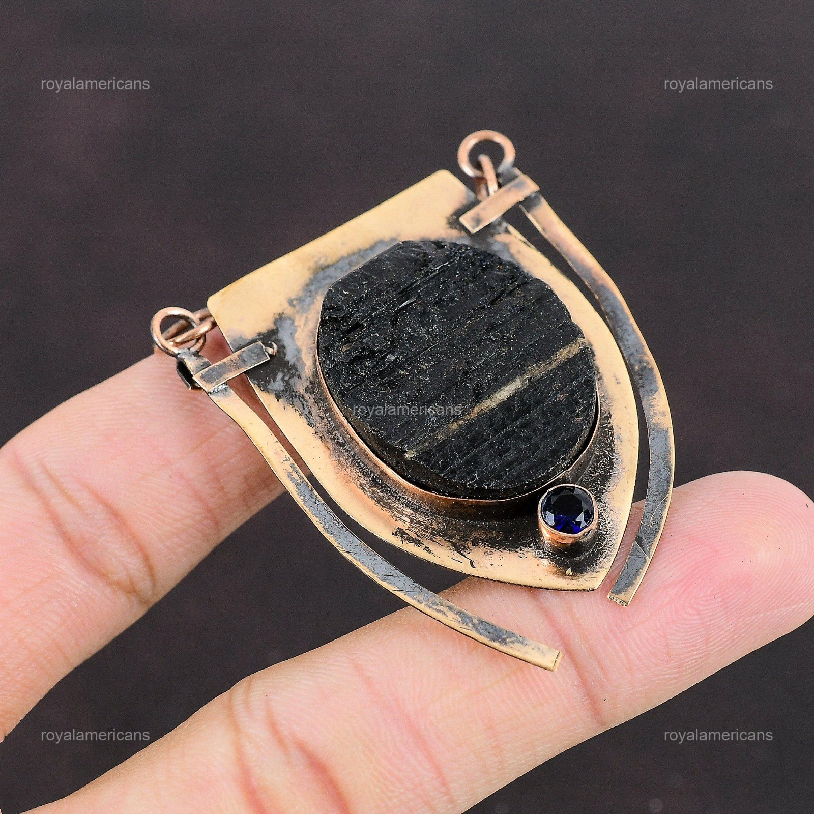 Oval Black Tourmaline Rough Gemstone Tanzanite Quartz Copper Daughter Pendant