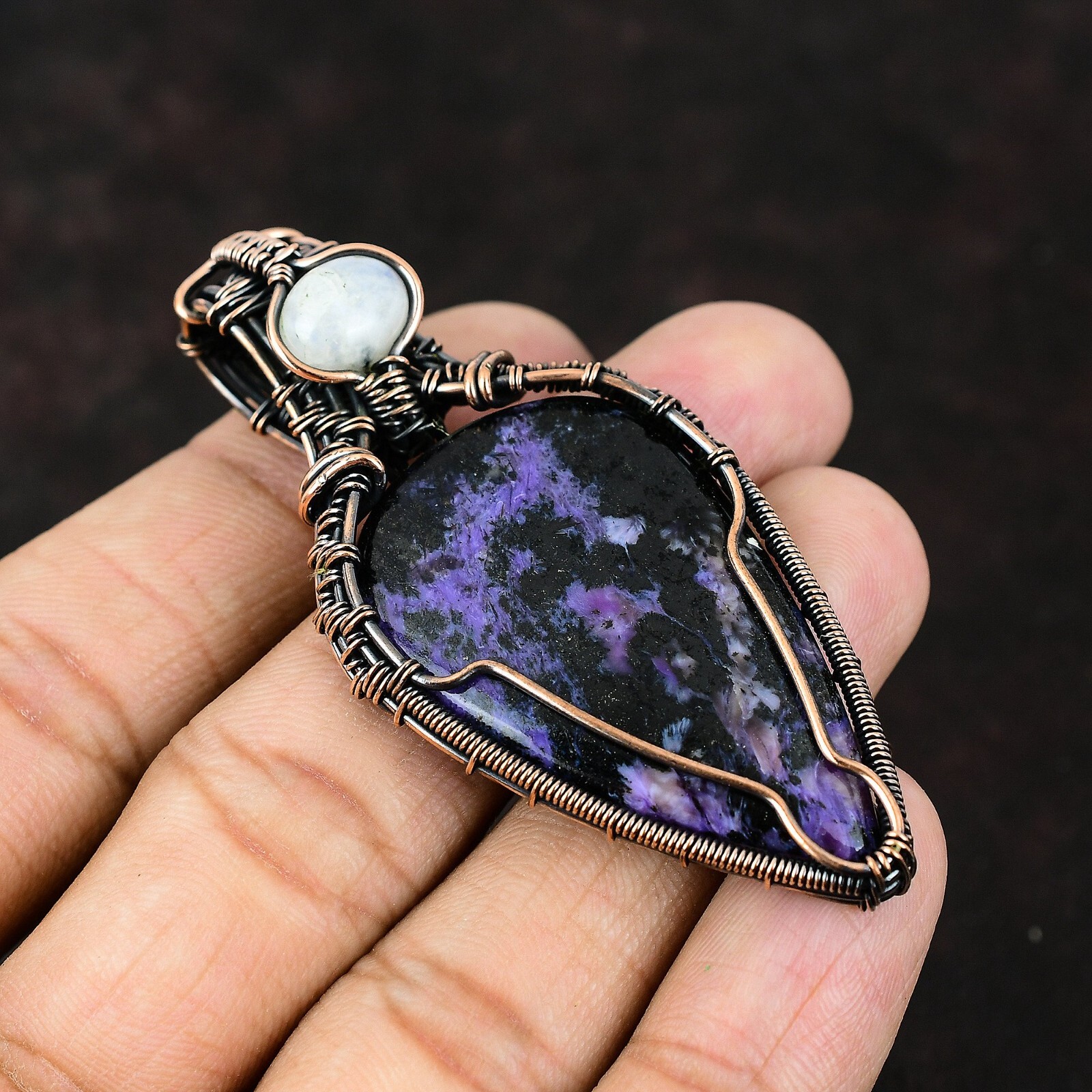 Gift For Her Copper Russian Charoite Gemstone Jewelry Wire Wrapped Pendant 2.87″