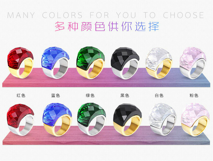 Popular Jewelry Large glass stone stainless steel Silver/Gold Ring US SIZE 6-9