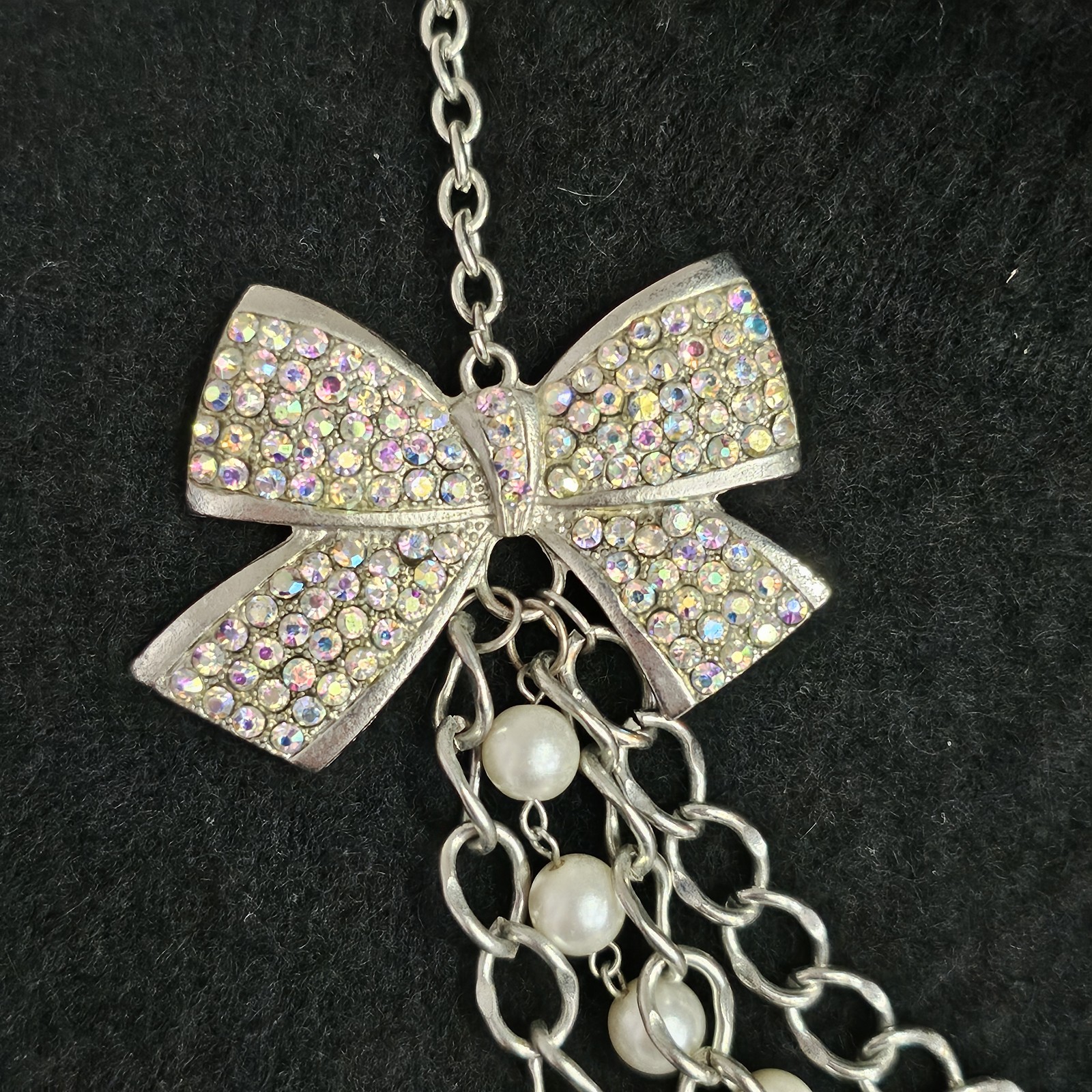 Silver Tone Bow Statement Necklace Faux Pearl Layered Chain Rhinestone