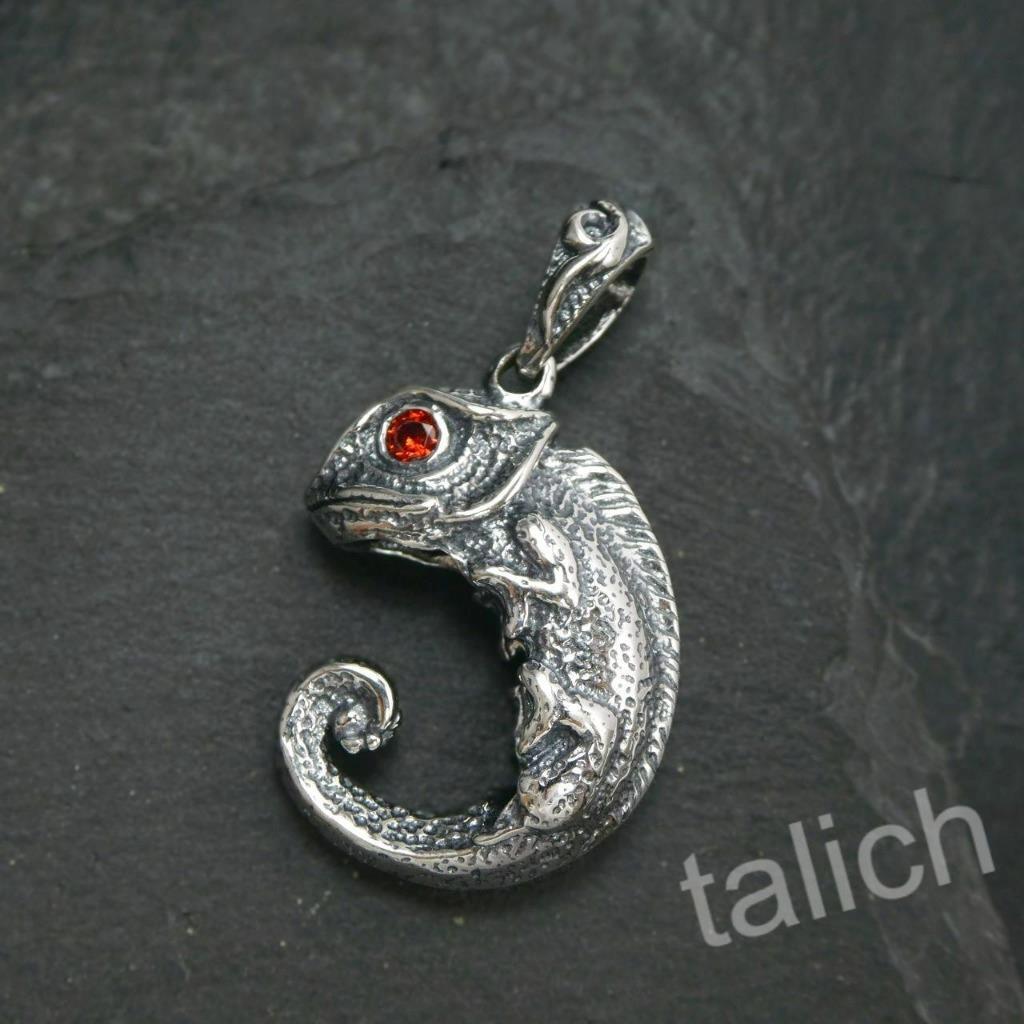 925 Sterling Silver Chameleon Lizard Pendant with Red or Blue CZ Eyes Unique