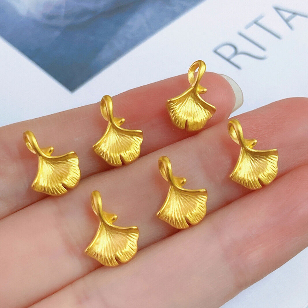 1pcs Pure 999 24K Yellow Gold Charm 3D Lucky Mini Ginkgo Biloba Pendant