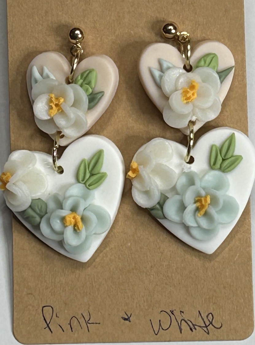 Pink And White Polymer Clay Double Hearts & Flower Stud Dangle Earrings