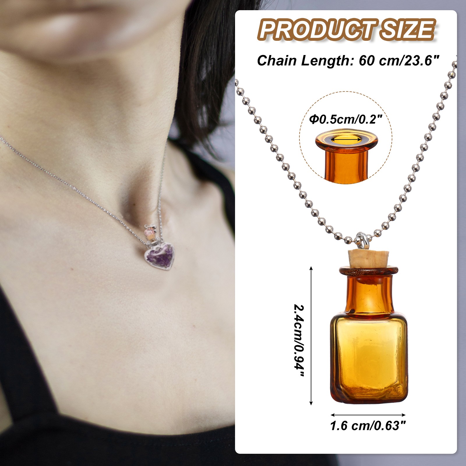 24mm Vial Necklace with Cork Stoppers Black Velvet Bag, Cube Shaped, Champagne
