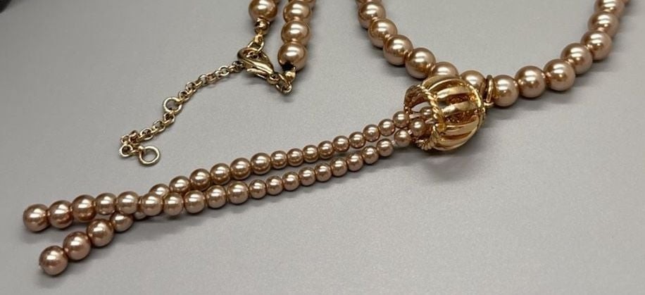 Faux Pearl Lariat Necklace w/ Gold Tone Cage Tassel, Length 29” + 4.5” Pend
