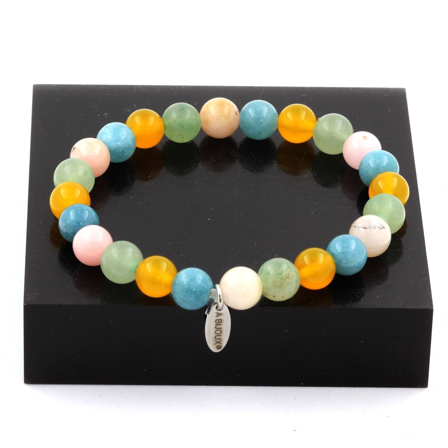 stones And Minerals. Bracelet Beads Pink Opal + Aquamarine + Yellow Agate +