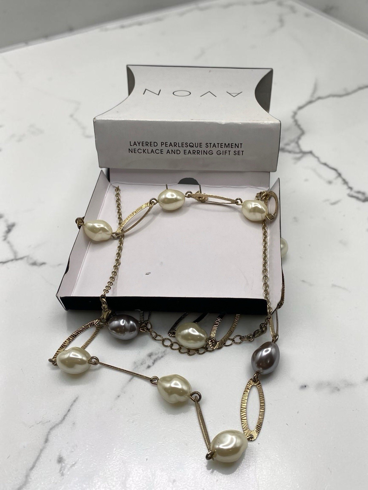 Avon Layered Pearlesque Statement Necklace Earrings Gift Set NOS 2013 Box
