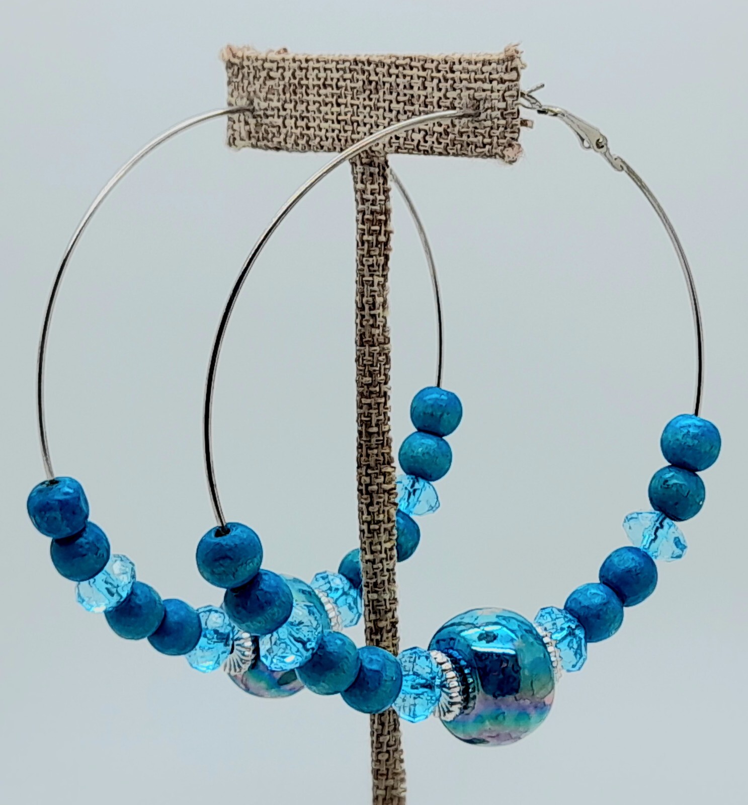 Bohemian Circle blue Wood Beaded plastic Bead Dangle Jewelry Hoop Earrings