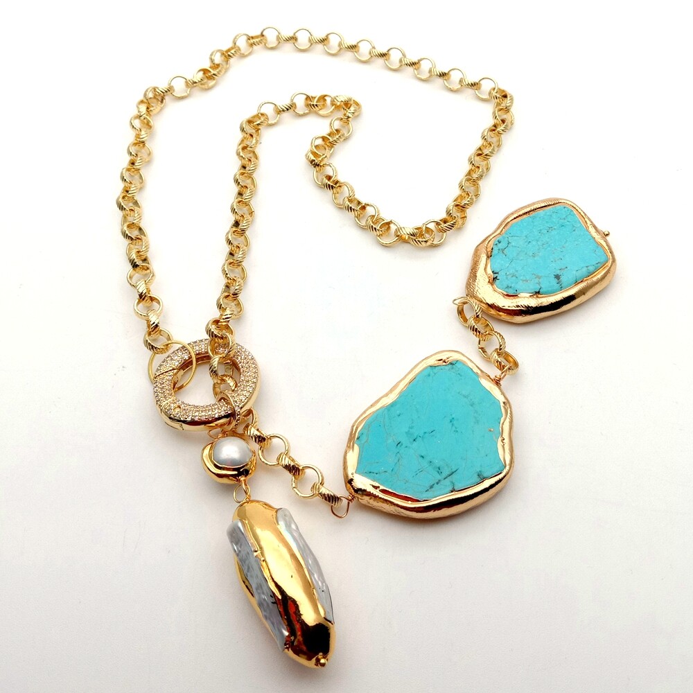 White Biwa Pearl Turquoise Lariat Chain Necklace 27″