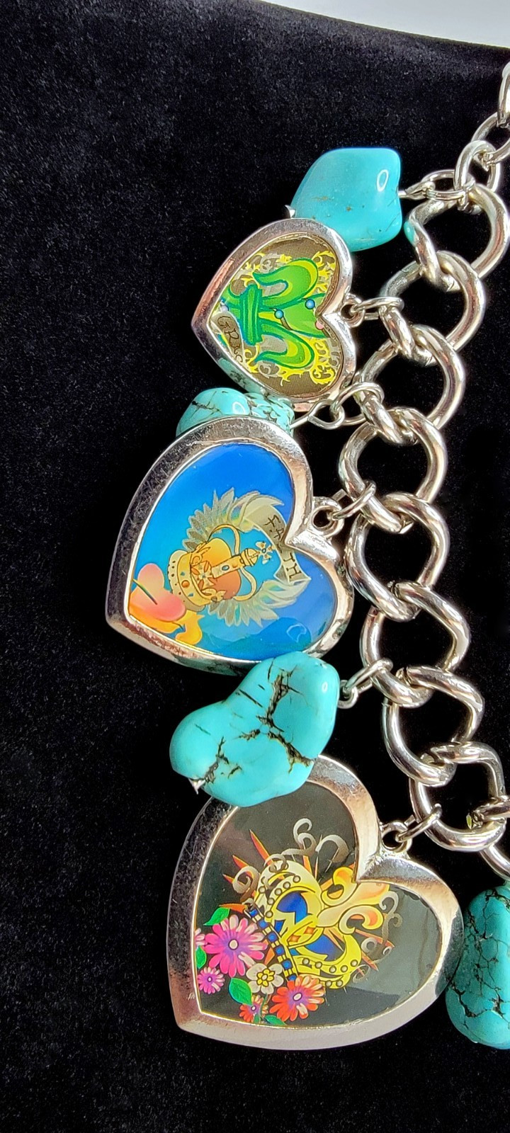 Ed Hardy Style Y2K Chunky Charm Necklace Earring Set Turquoise Heart Tattoo Art