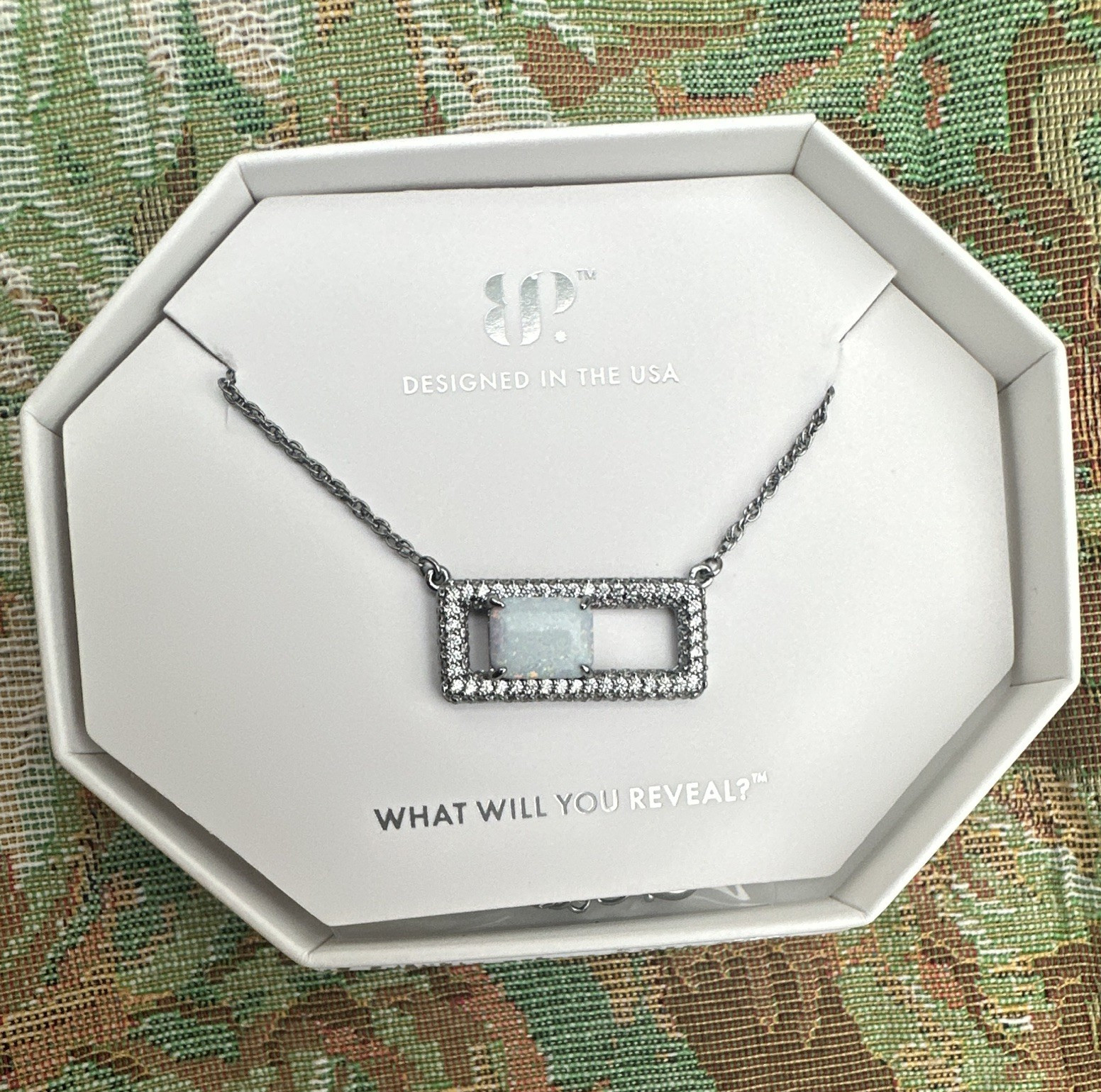 Bomb Party Oct Bday necklace Lab grown Milky White Opal Hematite Plated