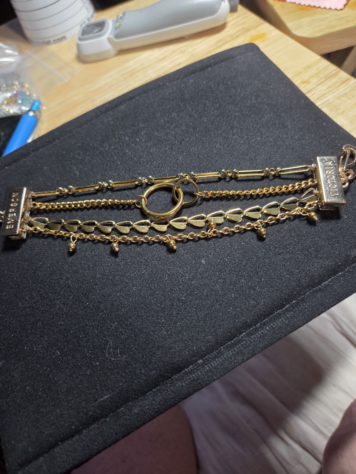Victoria Emerson 4 Strand Gold Tone Bracelet 7.75″ Hearts Layered Chain Boho