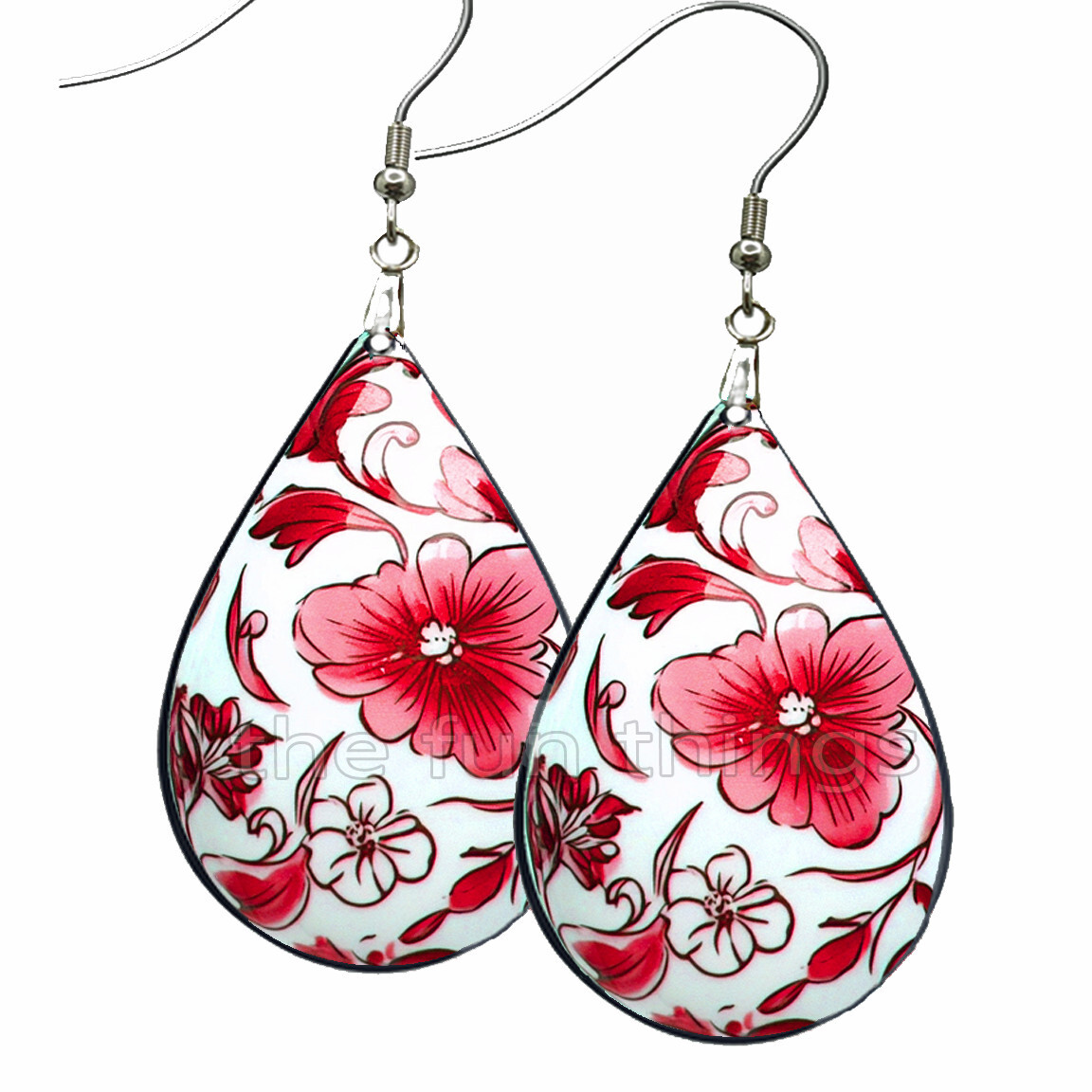 Pink & Red Floral Earrings Teardrop NO TARNISH Wood Summer Flowers Jewelry