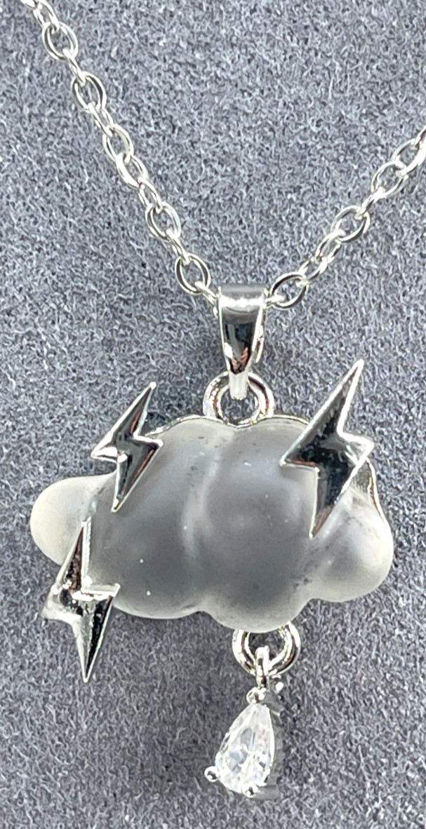 Necklace Iridescent White Cloud Silver Tone Lightning Bolts & Zirconia Rain Drop