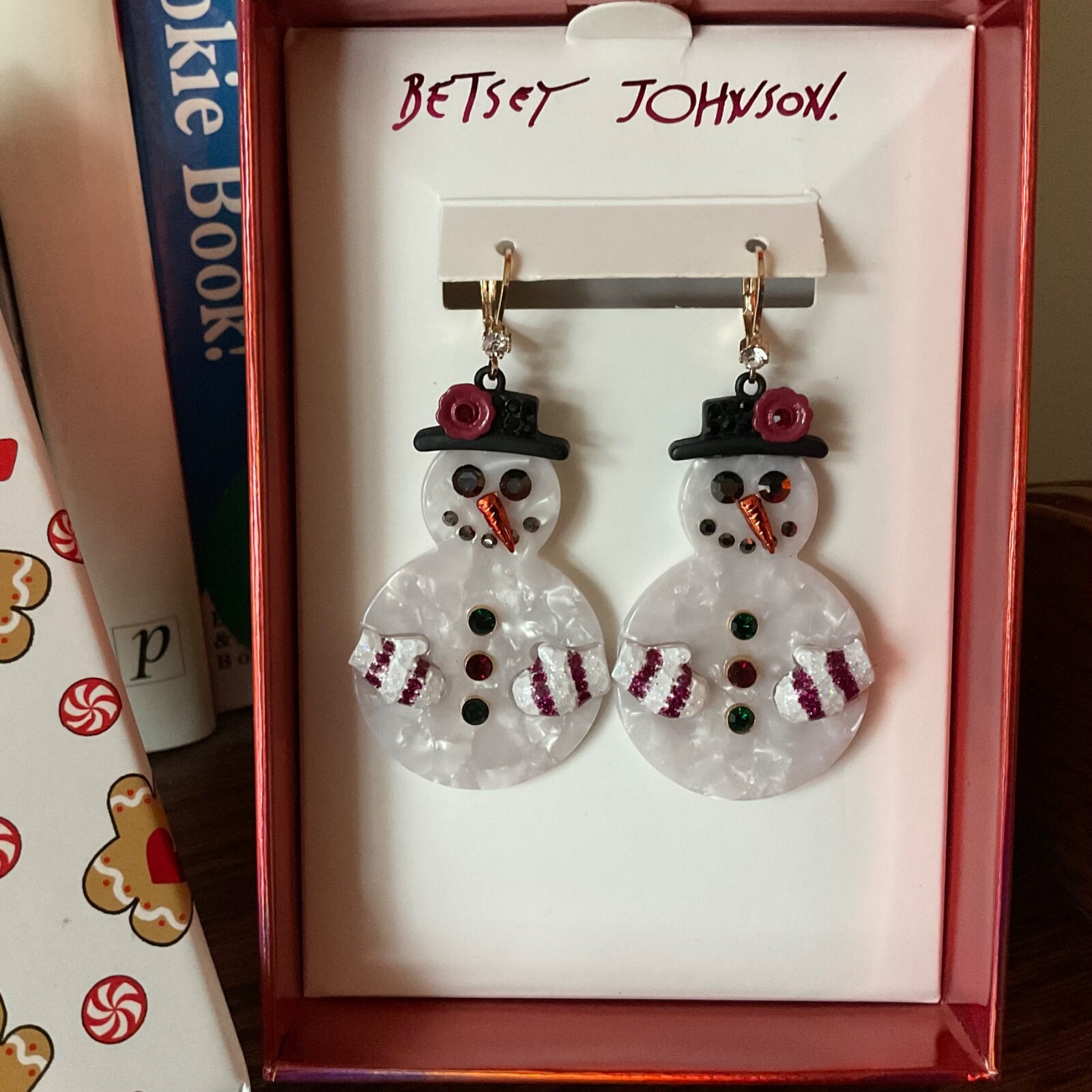 Betsey Johnson Signed Snowman Dangle Earrings Statement Big Fun Festive